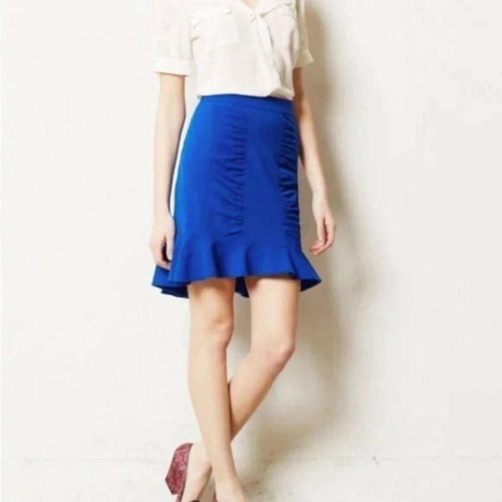 Anthropologie HD in Paris Royal Blue Ruffle Winnow Trumpet Lined‎ Skirt, Size 10
